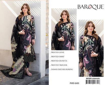 Baroque Print Linen 3pc Black Winter Collection 2025