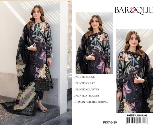 Baroque Print Linen 3pc Black Winter Collection 2025